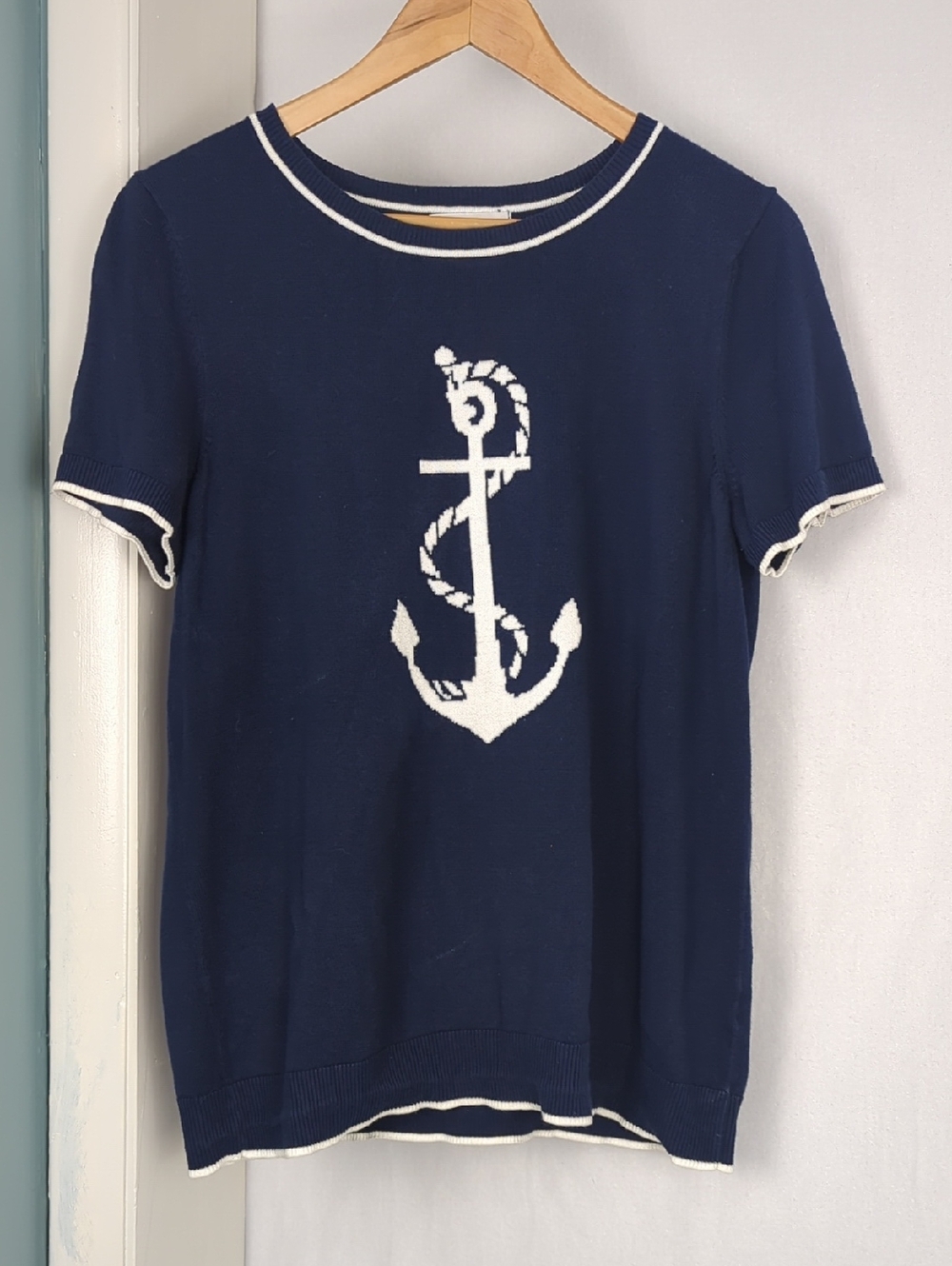 KIM ROGERS Navy Shortsleeve Anchor Sweater Top